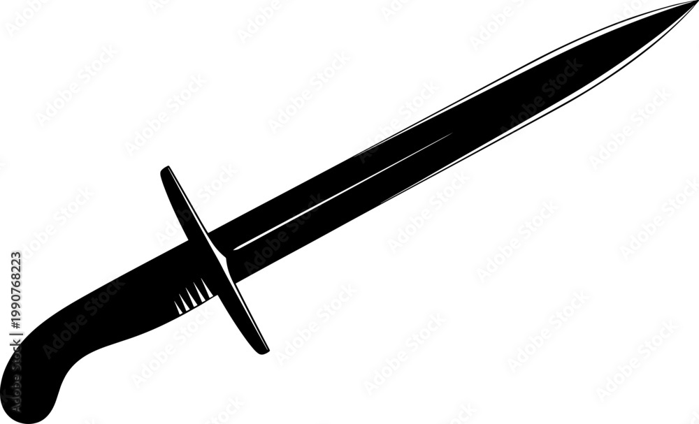 Obraz premium Tactical combat knife silhouette with a sharp blade and crossguard