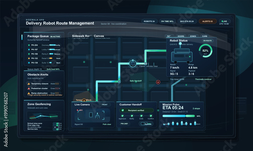Delivery robot route management dashboard with sidewalk route map, package queue, obstacle alerts, robot status, customer handoff and ETA panels.