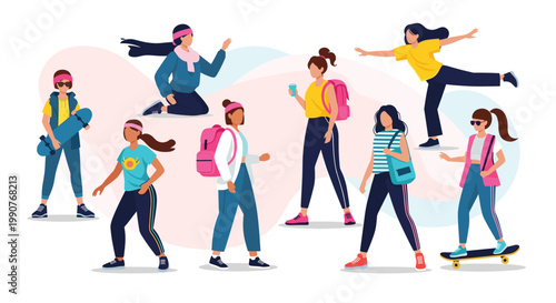 Group of active young women shown in various poses including skateboarding, walking with backpacks, and jumping.