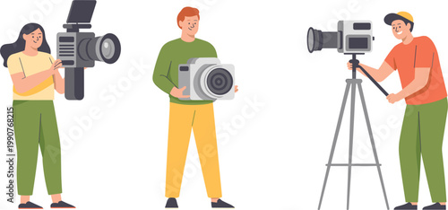 Camera operators with professional equipment capturing video footage in creative production environment scene
