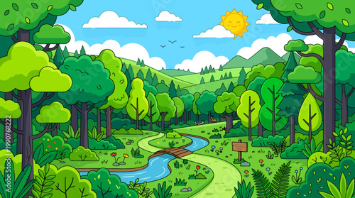 A serene landscape of a forest with a winding path, trees, and a stream under a sunny sky with fluffy clouds.