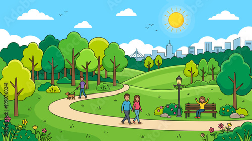 People walk on a winding path through a vibrant green park with trees and flowers towards the city.