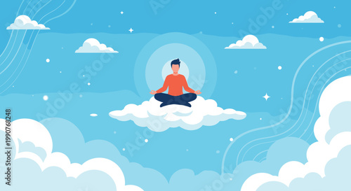 Man sitting in a lotus position and meditating on a fluffy white cloud in a serene blue sky with stars and decorative light effects.