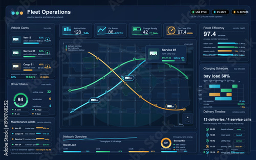 Futuristic fleet operations dashboard interface with electric vehicle routes, charging schedule, delivery timeline, and maintenance alerts.