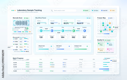 Light laboratory sample tracking dashboard interface with barcode scan, analysis workflow, freezer map, quality control and batch progress