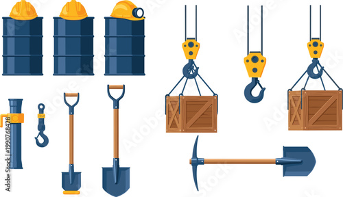 Construction Equipment and Tools Set with Helmets, Barrels, Crane Hooks, Shovels and Industrial Elements for Building, Engineering and Worksite Safety Design Projects