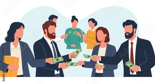 Group of business people in suits exchanging dollar bills and banknotes representing financial transactions, bribery, or investment deals.