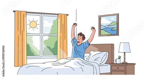 Young man waking up in a bright bedroom and stretching his arms while sitting on a bed with morning sunlight coming through the window.