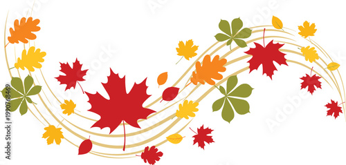 Autumn Leaves Vector Illustration with Colorful Falling Maple and Seasonal Foliage Swirl for Fall Decoration, Nature Design, and Thanksgiving Theme