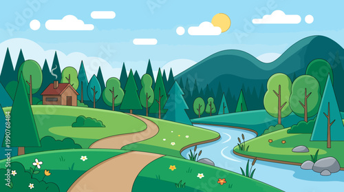 A serene landscape scene of a house near a winding river and road in a forested mountain area under a sunny sky.