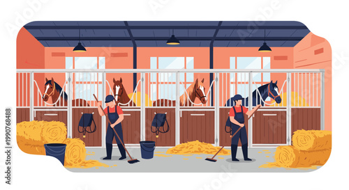 Two farm workers in uniforms cleaning a horse stable with brooms while horses look out from their stalls near hay bales in an indoor barn.
