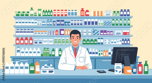 Friendly male pharmacist in a white lab coat standing behind a counter in a well-stocked drugstore with many shelves of medicines.
