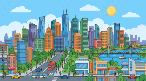 A sunny day view of a bustling cityscape with buildings, cars, and trees along a waterfront