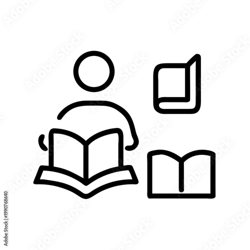 Minimal reading book icon set featuring open and closed book symbols, reader silhouette, and learning elements. Clean line vector style with consistent stroke weight, modern flat design, simple geomet