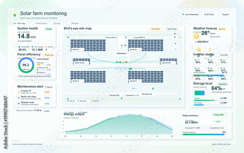 Flat vector dashboard interface for solar farm monitoring with site map, energy output chart, weather forecast, inverter status and storage data