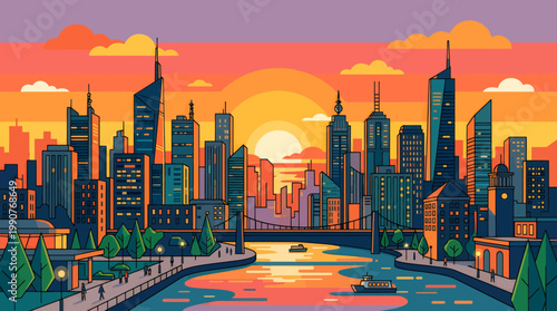 A serene cityscape at sunset showcases skyscrapers, river, bridge, buildings, and trees.