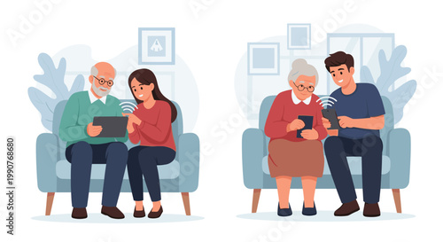 Scenes of a young woman and man helping an elderly man and woman use digital tablets and smartphones on a couch to show connection.