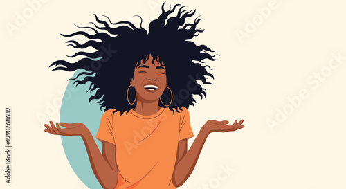 Joyful Black woman with large voluminous afro hair laughing and shrugging her shoulders in a state of pure happiness and freedom.