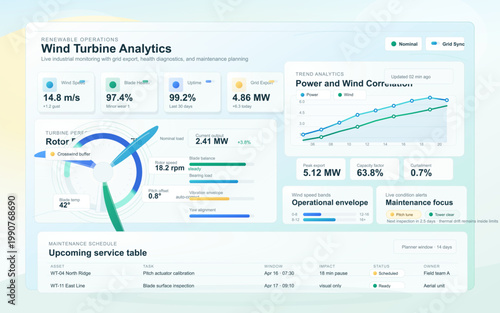 Light wind turbine analytics dashboard interface with rotor diagnostics, power and wind correlation, grid export and service schedule panel