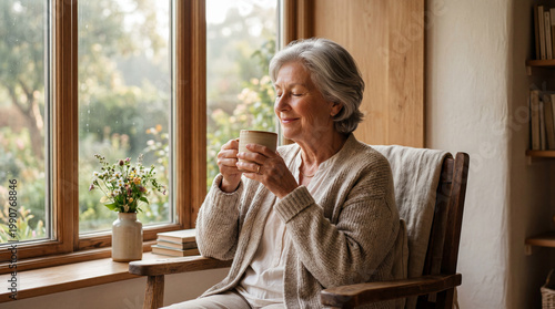 Senior woman enjoying tea by window in peaceful morning