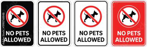 No pets allowed warning icons set with dog and cat symbols for prohibition rule restriction and safety notice design