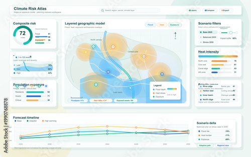 Light climate risk atlas dashboard interface with layered geographic map, flood and heat overlays, scenario filters and forecast charts