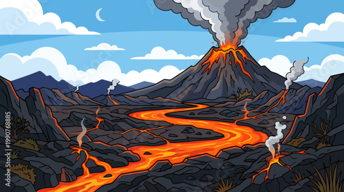 Eruption occurs on mountain with lava flowing through rocks and smoke rising into cloudy sky.