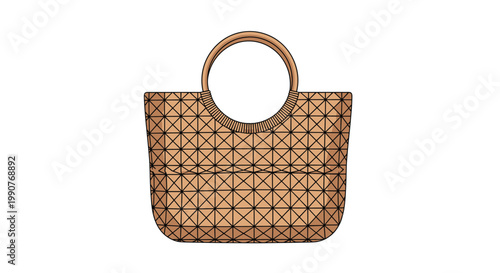 Stylish brown woven tote bag featuring a classic lattice pattern and circular handles on a clean white background.
