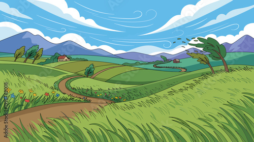 A serene landscape scene of a winding dirt road through green hills and mountains under a blue sky with white clouds.