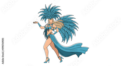 Elegant samba dancer performing in a magnificent blue sequined costume with matching large feather wings and headdress.
