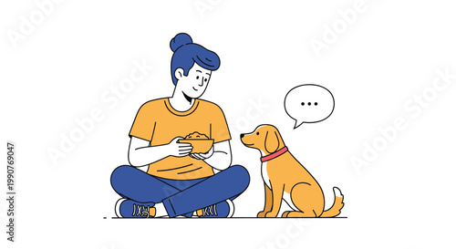 Friendly woman sitting on the floor feeding her golden retriever dog from a bowl, sharing a moment of companionship.