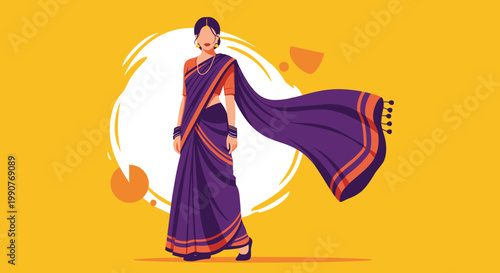 Beautiful woman dressed in a traditional purple and orange silk saree standing elegantly against a vibrant yellow and white background.