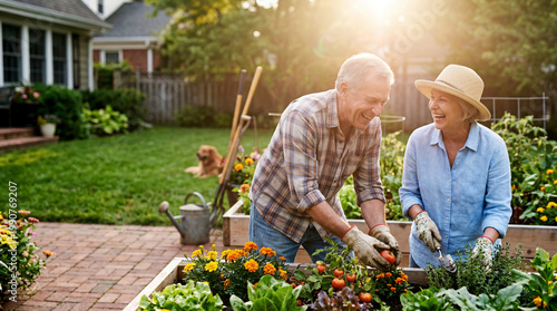 Happy senior couple gardening vegetables in backyard