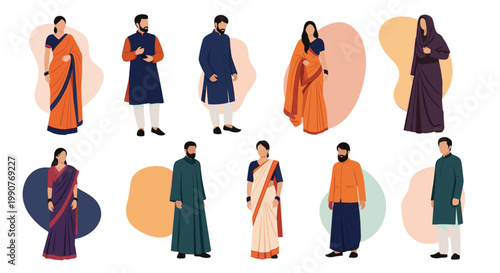 Collection of diverse Indian men and women showcased in various traditional and regional ethnic outfits like sarees and kurtas.