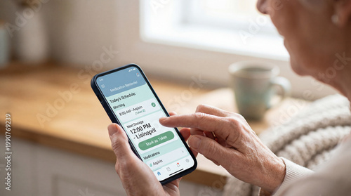 Senior using smartphone medication reminder app at home