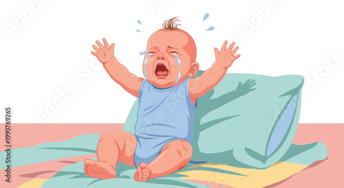 Distressed infant sitting on a blue blanket crying loudly with tears and outstretched arms needing comfort or attention.
