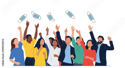 Diverse group of people celebrating by throwing their medical face masks into the air, symbolizing the end of a pandemic.