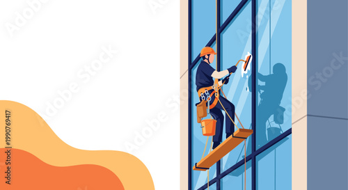 Brave professional window cleaner hanging from ropes to clean the glass windows of a modern high-rise skyscraper building.