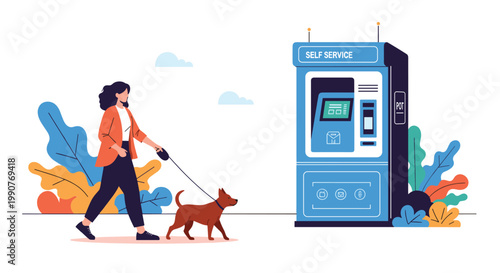 Woman walking her dog on a leash passing by a modern blue self-service parcel locker or interactive kiosk station.