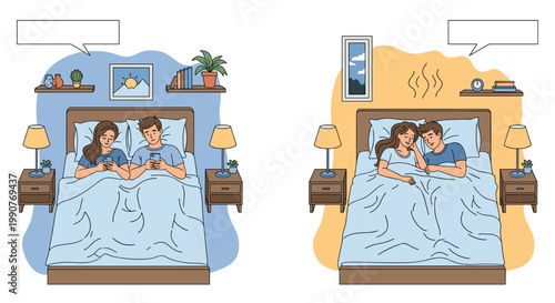 Comparison illustration showing a couple in bed using their smartphones versus cuddling together for a better relationship.