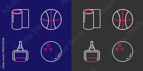 Set line Bowling ball, TPX loop training equipment, Basketball and Fitness mat roll icon. Vector