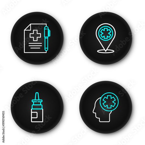 Set line Male head with hospital, Bottle nasal spray, Map pointer cross and Medical prescription and pen icon. Vector