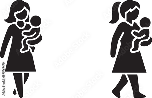 Mother holding infant walking in silhouette against transparent background