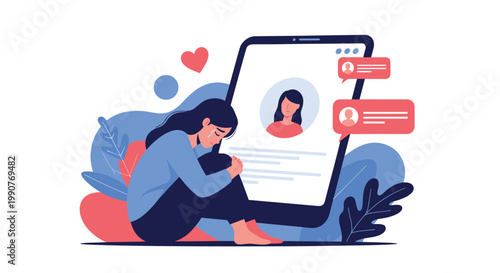 Devastated young woman sitting and crying while facing a giant smartphone screen displaying mean messages and cyberbullying.