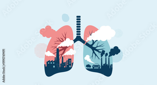 Conceptual illustration of human lungs filled with factory smoke and vehicle emissions representing the impact of air pollution.