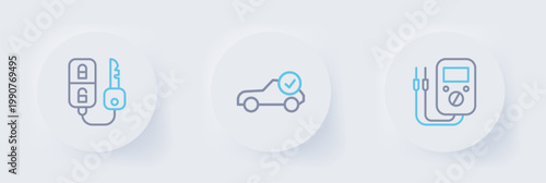 Set line Multimeter, Auto service check automotive and Car key with remote icon. Vector