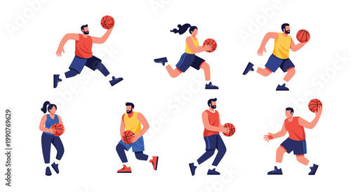 Detailed set of diverse basketball players in various active poses like dribbling and shooting isolated on a white background.
