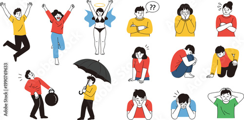 Flat Illustration Set of Human Emotions and Mental States Featuring Stress, Anxiety, Sadness, Confusion, Fear, and Happiness Expressions Isolated on White Background