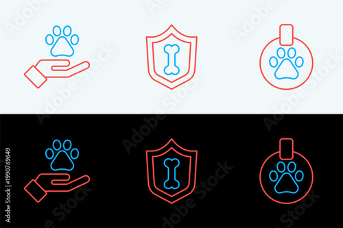 Set line Collar with name tag, Hands animals footprint and Animal health insurance icon. Vector