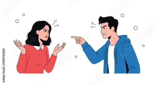 Angry young man and woman pointing fingers and shouting at each other during a very heated argument or relationship conflict.